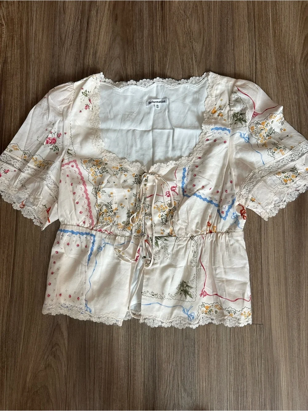 Reformation Margot top. Tie-Front Floral Patchwork Blouse